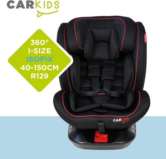 Carkids i-Size-Kindersitz Darcy – Entspricht der Norm i-Size R-129 - Um 360° drehbar - Für Kinder von 40 bis 150 cm - Isofix- und Top-Tether-Befestigung - Verstellbare Kopfstütze und Rückenlehne – Schwarz/Rot