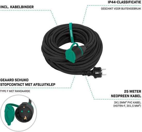 VONROC PRO Verlängerungskabel 25m - IP44 - Neoprenkabel H07RN-F 3x1,5 mm² - inkl. Kabelbinder (Verlängerungskabel)