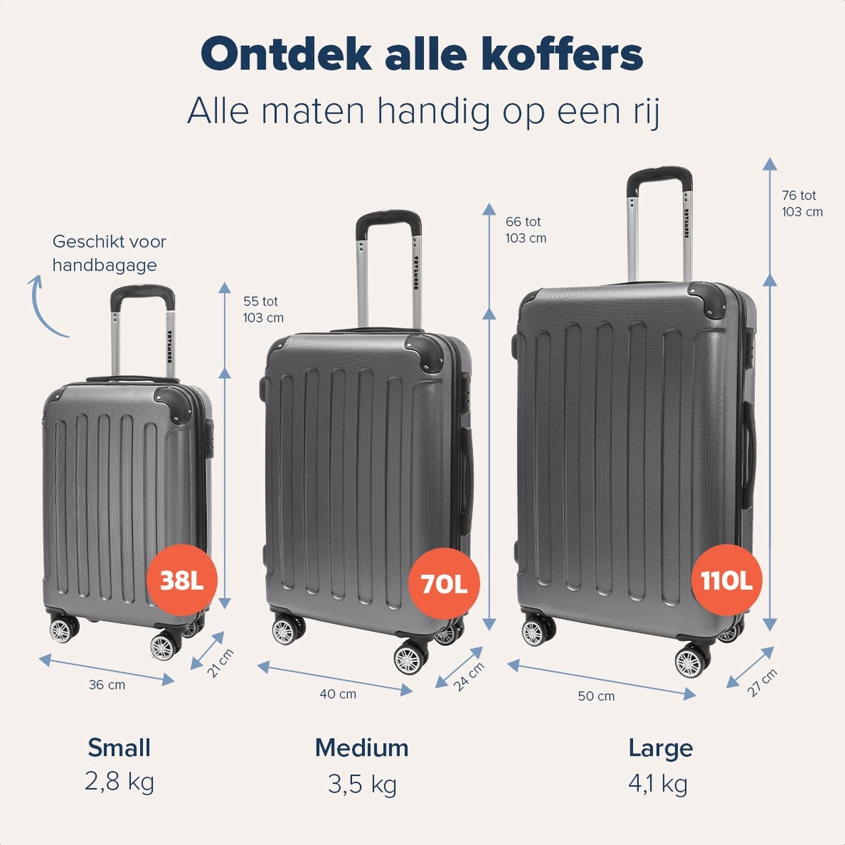 TRVLMORE - Kofferset - 2 Stück - 38L (Handgepäck) + 110L - Dunkelgrau