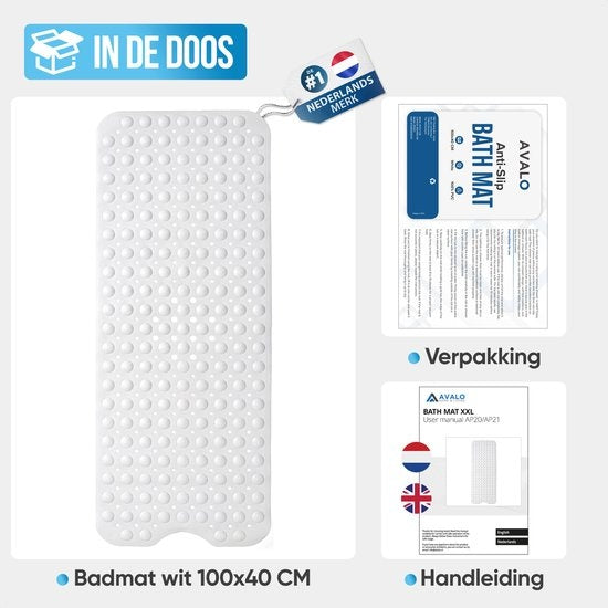 Avalo Badematte / Antirutschmatte Dusche - 100x40CM - Weiß - Mit Saugnäpfen - Duschmatte Antirutsch für Dusche - Badematte
