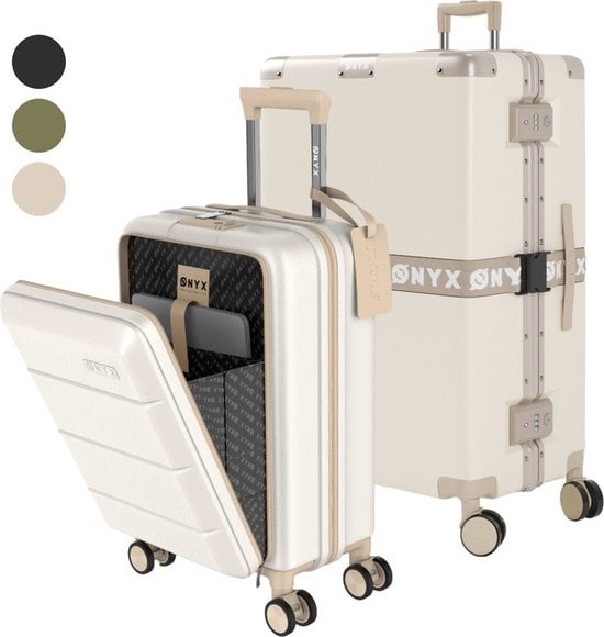 ONYX® - 2-teiliges Kofferset - Handgepäck mit Fronttasche und Check-in-Koffer - 35L/100 L - TSA-Schloss - Leichter Trolley - Aluminiumverschluss - Beige