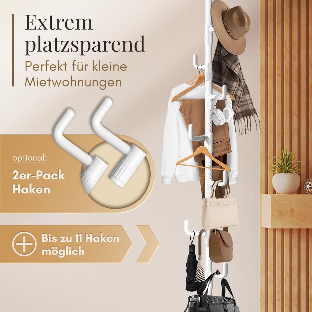 LOBUX® - Garderobenständer ausziehbar, 5 Haken [weiß, 110-310cm] - Teleskop-Garderobenständer stabil - platzsparender Metall-Garderobenständer - Dienerschaftständer Schlafzimmer - Flurgarderobe - Kleiderständer Balkon