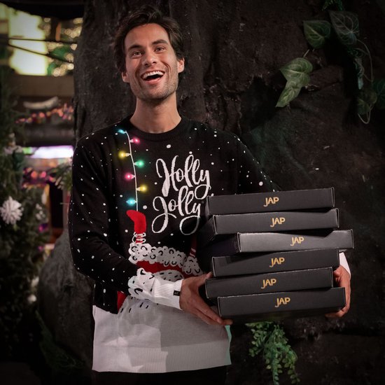 JAP Christmas Weihnachtspullover mit Lichtern (Größe XL) – 100 % recycelt – kratzt nicht – Weihnachtsgeschenk für Erwachsene – Kitschiger Weihnachtspullover für Damen und Herren – Holly Jolly – Schwarz