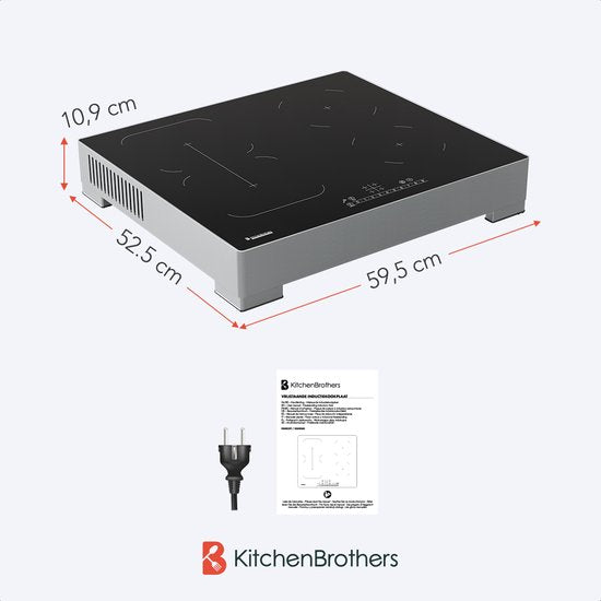 KitchenBrothers Induktionskochfeld - Freistehendes Induktionskochfeld - 60 cm - 4 Zonen - 1x Flexzone - 1 Phase - bis zu 3500W - Silber/RVS