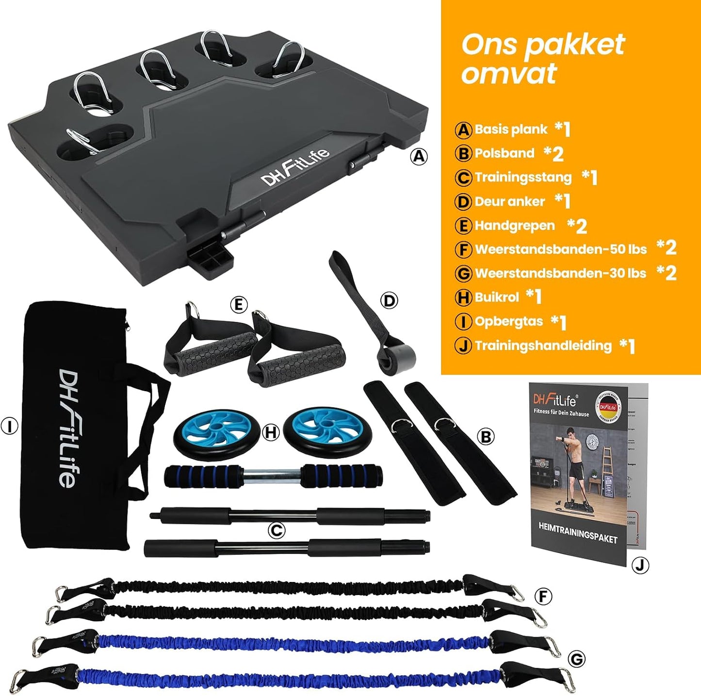 DH FitLife Komplettes Heimtrainingsset mit Widerstandsbändern – 86 x 50 x 2,5 cm – Schwarz