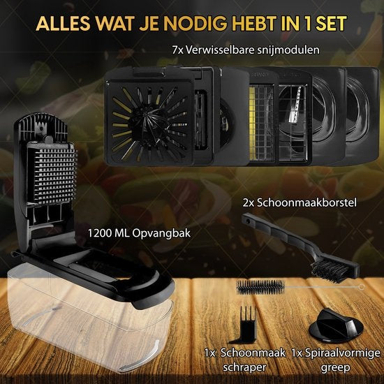 Toivo Kitchen Gemüsehobel - Multifunktional - Schwarz - 11 in 1 Küchenmandoline - Manuell - Küchenhobel - Zwiebelhobel - Spiralschneider - Chipsschneider - Reibe