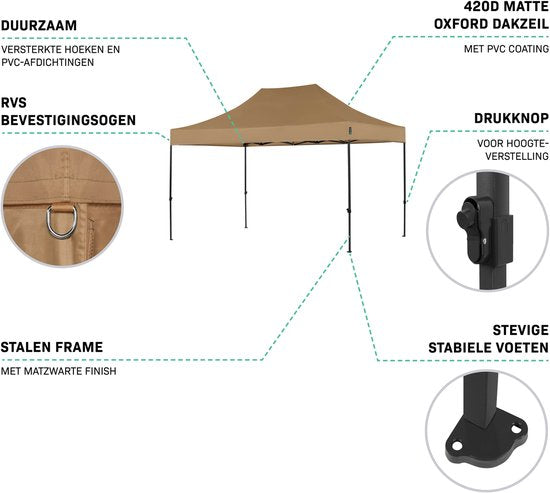 VONROC Partyzelt – 3 x 4,5 m – Premium-Easy-Up-Partyzelt – Modulares Design – Zusammenklappbar – Wasserdicht – Stahlrahmen – UV-Schutz 50+ – Inkl. Aufbewahrungstasche – Beige