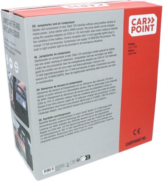 Carpoint Jumpstarter - 12 Volt - Mit Luftkompressor - Spitzenleistung 400A - Aufladen mit 230 Volt oder 12 Volt Adapter - Maximaler Kompressordruck 18 BAR/260 PSI - Eingebaute LED Beleuchtung - Abmessungen 365x345x175mm