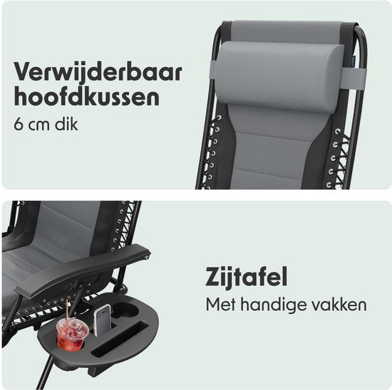 LifeGoods Lounger Comfort - klappbar - 30°-90° verstellbar - Tassen- und Telefonhalter - Gartenstuhl - Schwarz/Grau