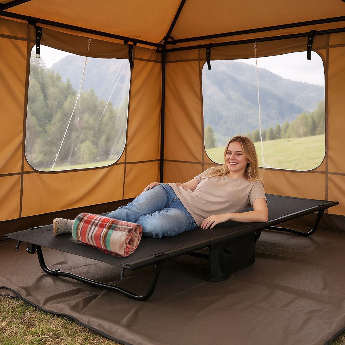 Coast Campingbett – ultraleichtes Feldbett – zusammenklappbar mit Seitentasche – schwarz