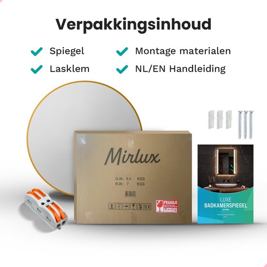 Mirlux Badezimmerspiegel mit LED-Beleuchtung & Heizung - Wandspiegel rund - Anti-Kondensations-Duschspiegel - Goldrahmen - 80CM