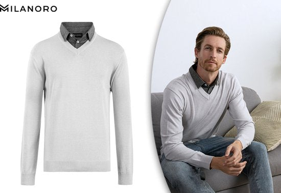 Milanoro Herren Pullover mit Hemdkragen - Hellgrau - Größe XXL - Elegant Fit