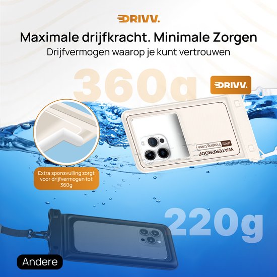 Drivv. Luxuriöse wasserdichte Handyhülle – schwimmfähig – doppelter Clipverschluss – für Handys bis zu 6,8 Zoll – Unterwasser-Handyhülle – Beige