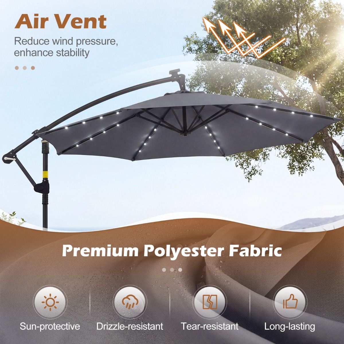 Coast Garten-Sonnenschirm mit Solarbetrieb – LED-Beleuchtung – um 360° drehbar – grau