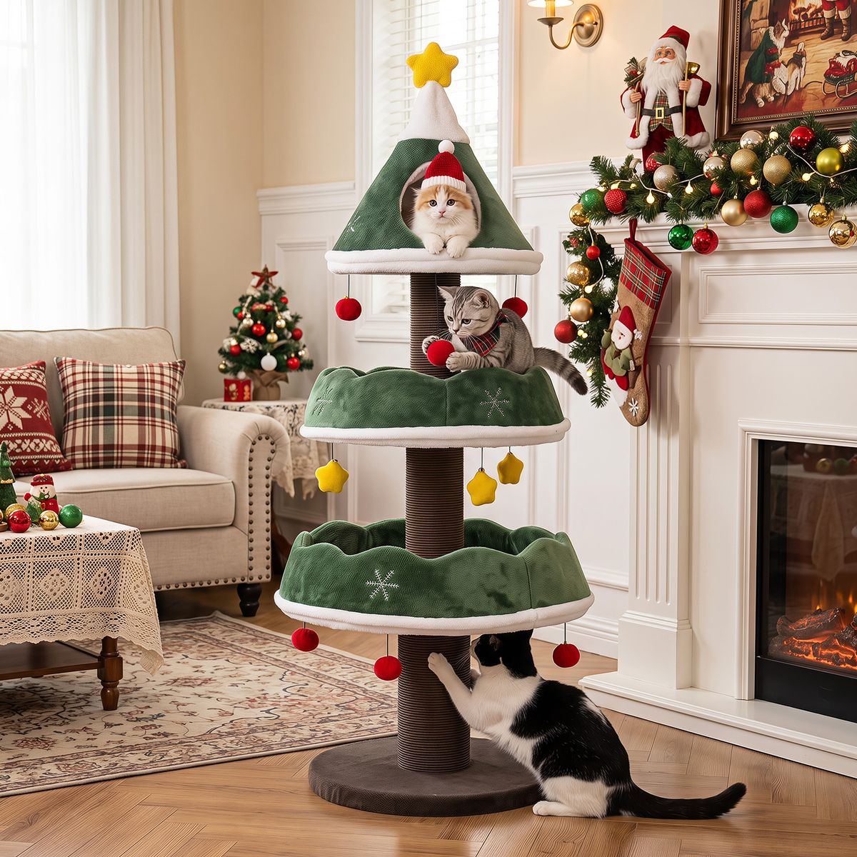 Coast Kratzbaum – Weihnachtsbaum-Design – mit Höhle oben und hängenden Kugeln – grün, 143 cm