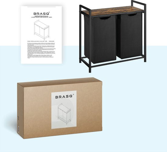 BRASQ Wäschekorb 2 Fächer - Wäschesortierer 76 Liter - Ausziehbar mit Regal 73x33x71 cm - Wäschebox Schwarz Metall - Braunes Holz - Korb