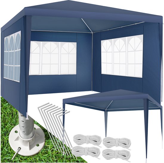 tectake - Pavillon - mit verstärktem Rahmen - Partyzelt 3x3 m - wasserdichte Plane - abnehmbare Seitenwände - wetterfester Gartenpavillon - inklusive Spannleinen und Heringe - blau - Pop-up-Faltzelt