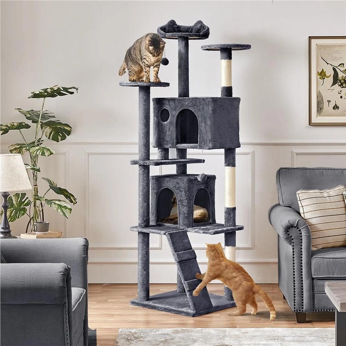 Yaheetech Katzenpfosten XXL mit zwei Katzenkörben - ausgestattet mit Kletterrampe und Katzenohr-Liege und hängenden Spielbällen - für Haushalte mit mehreren Katzen - dunkelgrauer Plüsch und Sisal - 59,5 x 55 x 202,5 cm