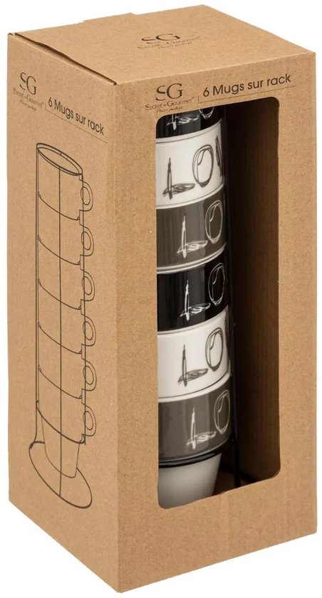 Secret de Gourmet Kaffeetassen/Becher „Love“ – 6 Stück im Metallständer – Keramik – glänzende Oberfläche – 260 ml – 8 x 9 cm
