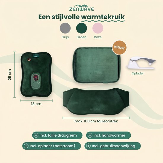 Zenwave Elektrische Wärmflasche mit Hülle – Digitalanzeige – Wärmflasche & Wasserflasche mit Handwärmern – Wiederaufladbares Wärmekissen – Menstruations-Wärmeband – Langlebig & kabellos – Camping & Outdoor – Wärmflasche, grün