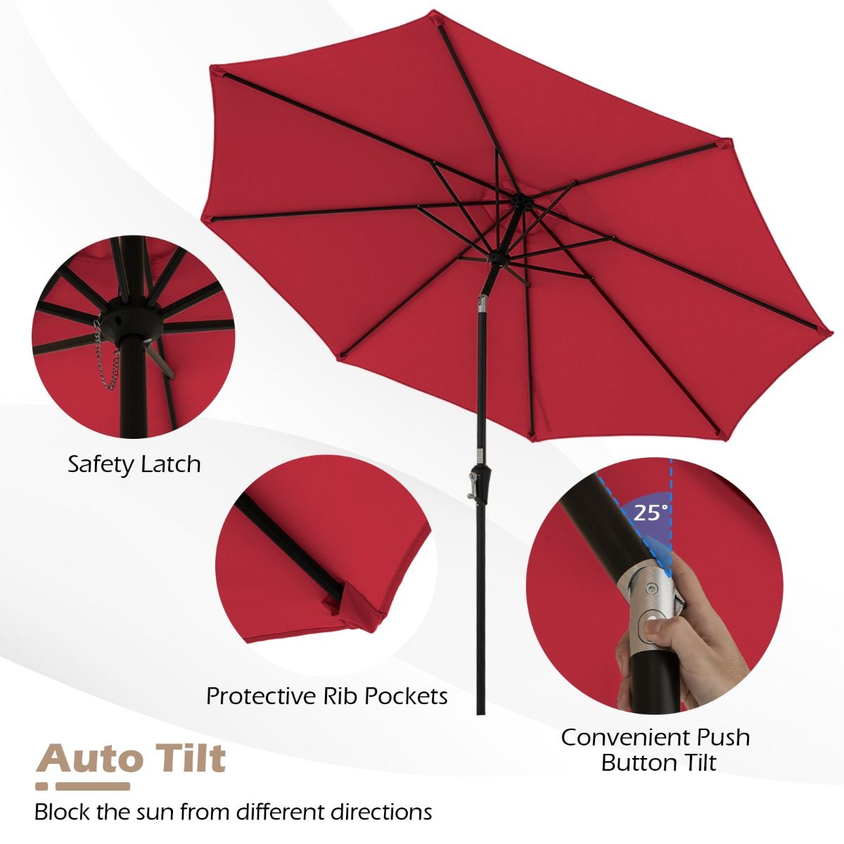 Coast 303 cm Runder Terrassen-Sonnenschirm Rot - Kippbarer Sonnenschirm mit Kurbel & 8 Ballen, doppellagig