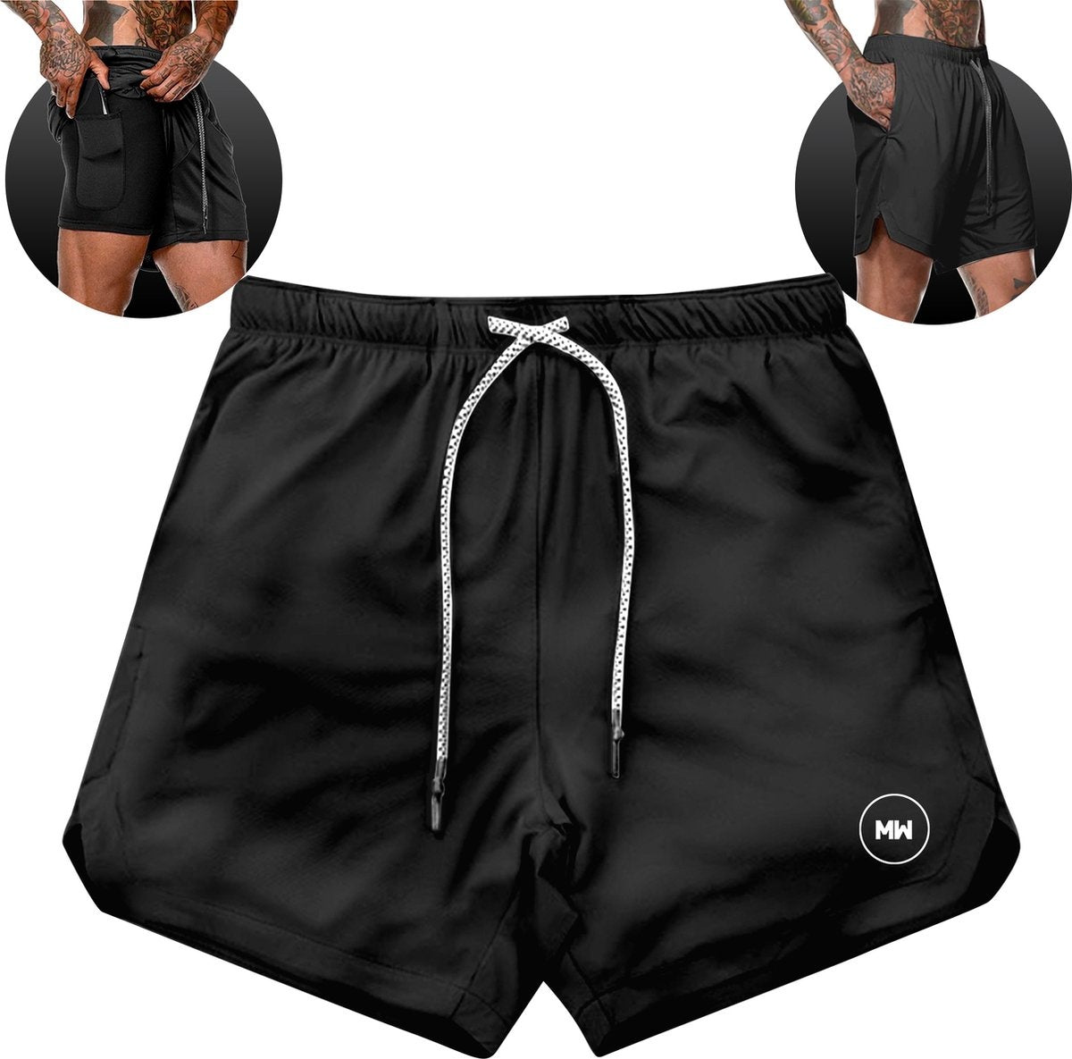 MWÂ® - Sporthosen für Männer - Fitnesshosen - Laufhosen - Sportbekleidung - 2 in 1 Shorts - (Schwarz - L)