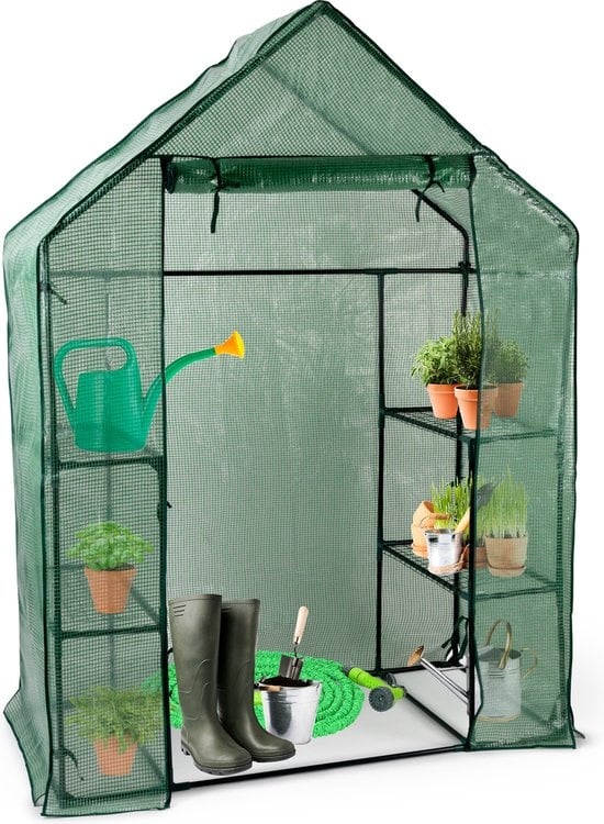 Kinzo Gartengewächshaus - Kunststoffgewächshaus - Gartengewächshaus mit 3 Etagen - Metallrahmen - wasserdichte Abdeckung - 143 x 73 x 195 CM - Grün