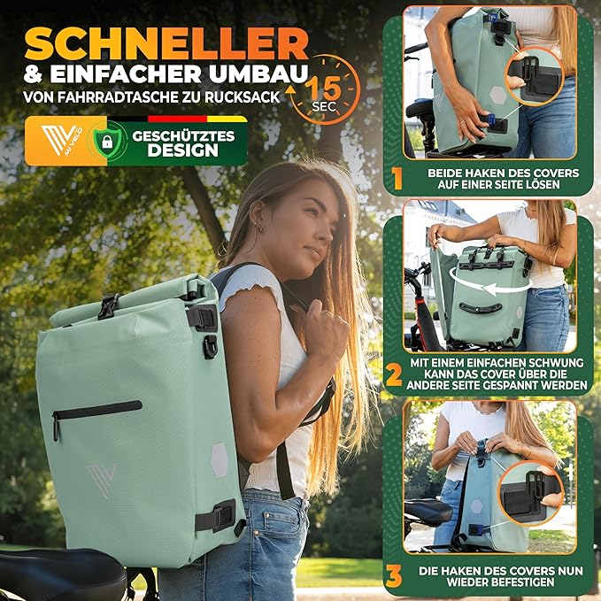 MIVELO Pannier - 3-in-1-Rucksack & Umhängetasche - Wasserdicht - 20 Liter - Mint