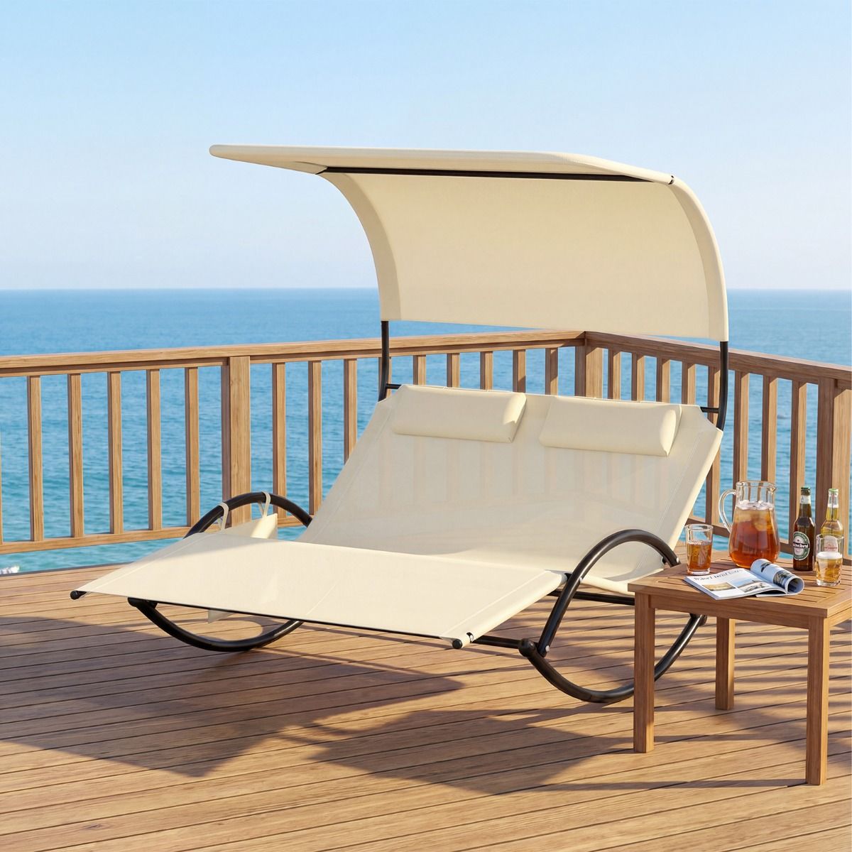 Coast Doppelschaukelstuhl – mit Sonnendach – inklusive Kissen – beige/grau/schwarz/braun