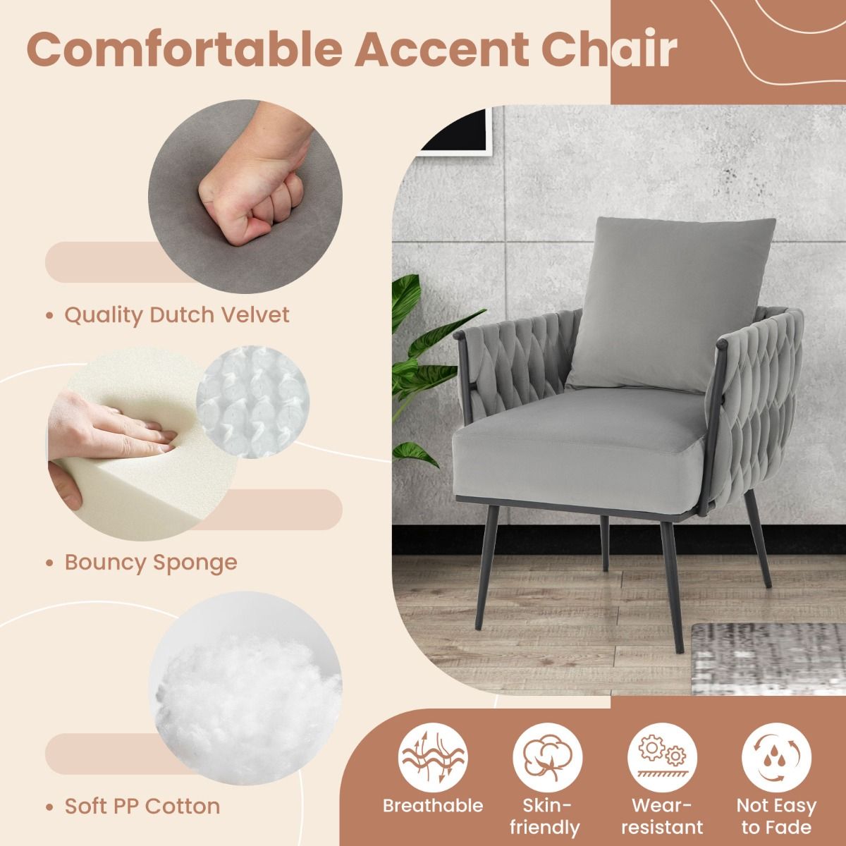 coast Modern Dutch Velvet Side Chair and Footstool Set - Grau - 66x65x80 cm | 46x35x45,5 cm