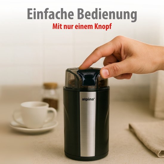 alpina Elektrische Kaffeemühle 200 W – Kaffeemühle für 70 g Kaffeebohnen – Kaffeemühle mit Edelstahlmessern – Mühle mit Sicherheitsverriegelung – Schwarz