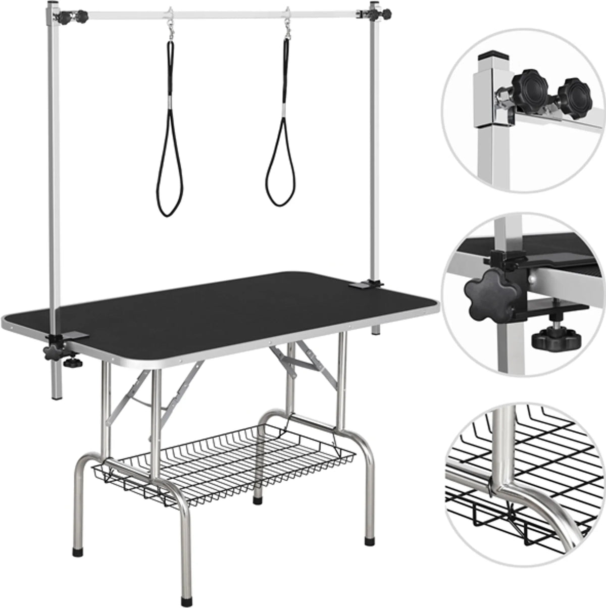 Yaheetech Trimm-Tisch mit doppelten Trimm-Arme - Ausgestattet mit Anti-Rutsch-Tischplatte und klappbaren Rahmen und Mesh-Oberfläche Korb - für große Hunde und Katzen - Schwarz Metall Kunstleder und Mdf - 118 x 60,9 x 177 cm