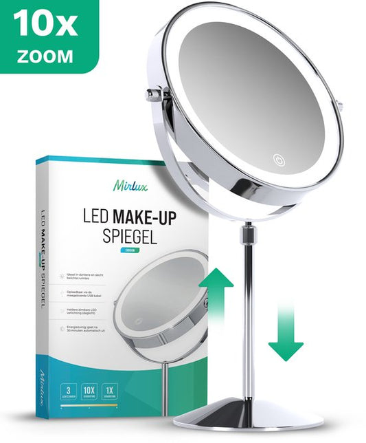 Mirlux Luxus-Make-up-Spiegel mit LED-Licht - 10-fache Vergrößerung - Verstellbar & wiederaufladbar - 3 Lichtstufen - Chrom - Make-up-Spiegel - Spiegel mit LED-Licht