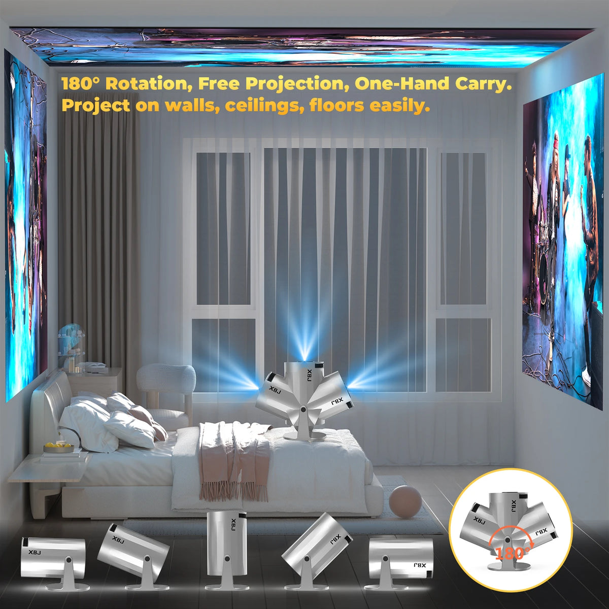 XBJ Tragbarer Mini-Beamer Silber 14 x 12 x 21,8 cm - WLAN 6 & Bluetooth 5.2 - Android 11 - 1080p & 4K-Decodierung - um 180° schwenkbar - 200 ANSI-Lumen