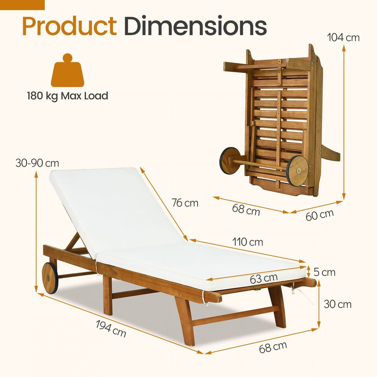Coast Holzliegestuhl mit verstellbarer Rückenlehne – 194 x 68 x 30–90 cm – Beige/Natur