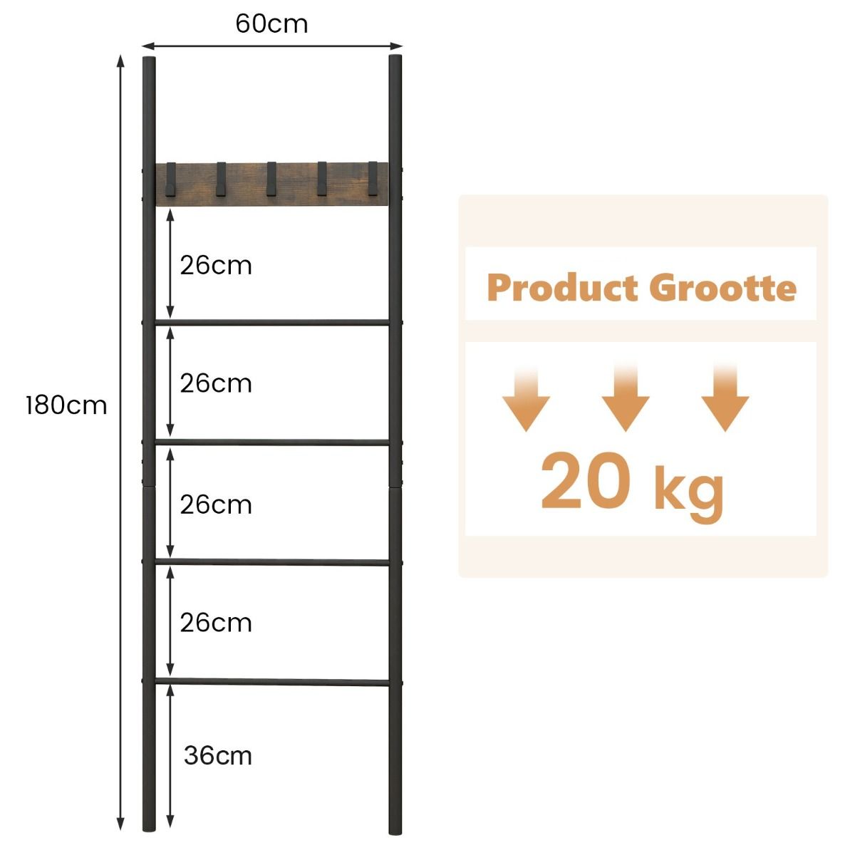 Coast Wand-Leiterregal 5-lagig 60x3,5x180 cm Rustikales Braun & Schwarz mit 5 abnehmbaren Haken