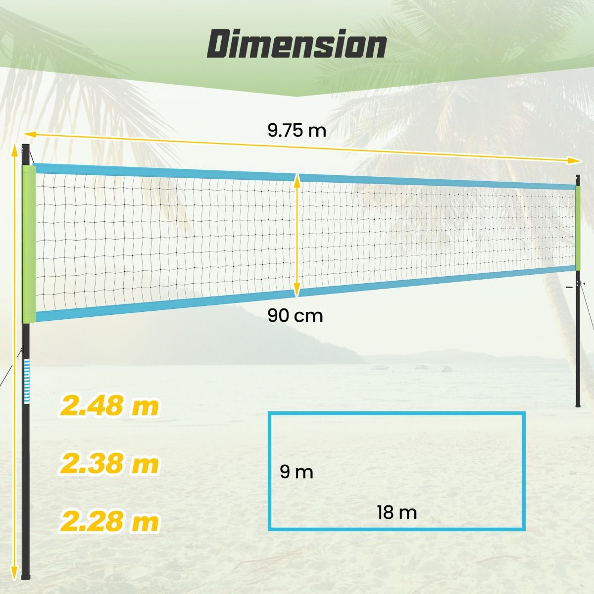 Coast Volleyballnetz für Pool und Strand - Verstellbar mit Ständern - 9,75 x 0,9 m - Grün