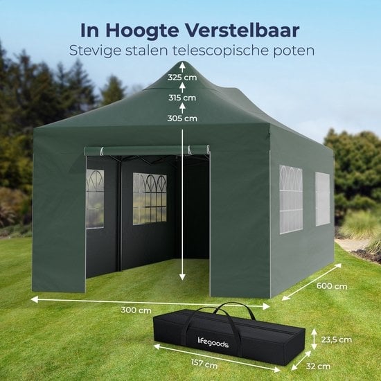 LifeGoods Partytent - Paviljoen - 3x6 m - Zijwanden - Easy Up - Opvouwbaar - Waterdicht - Draagtas met Wieltjes - Donkergroen