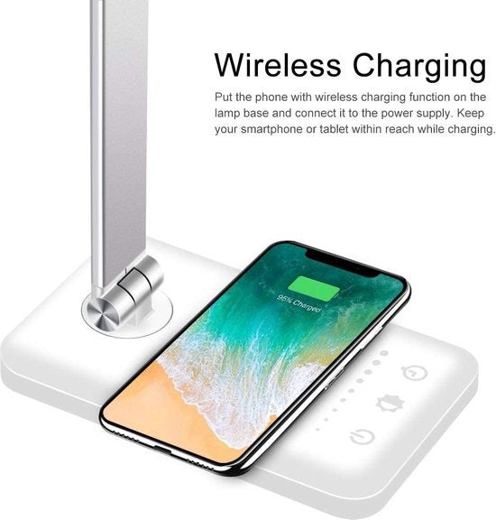 Fuegobird EK009 LED-Schreibtischlampe - kabelgebunden - kabelloses Laden für Telefon - dimmbar - klappbar - Smart Touch - Qi-Technologie - weiß