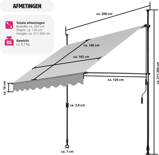 tectake - Klemmmarkise - Sonnenschirm - Markise - Verstellbar - Klemmmarkise - Sonnenschirm Balkon - 200 x 180 cm - hellgrau - Markise - 404958