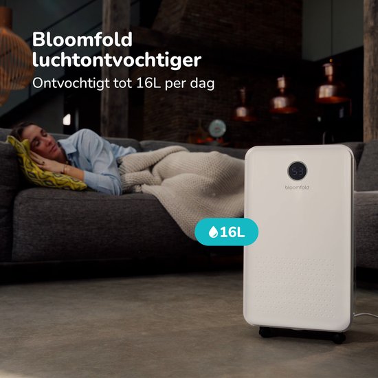 Bloomfold Luftentfeuchter - 16L pro Tag - inkl. Wasch-Trocken-Funktion - geeignet für Wohnzimmer, Schlafzimmer, Keller & Badezimmer - Luftentfeuchter - Weiß