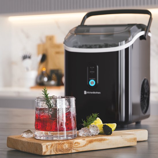 KitchenBrothers Nugget Eiswürfelbereiter - 1.1L - Crushed Ice Maker mit Eisportionierer - Tragbar - 15kg/24 Stunden - Schwarz