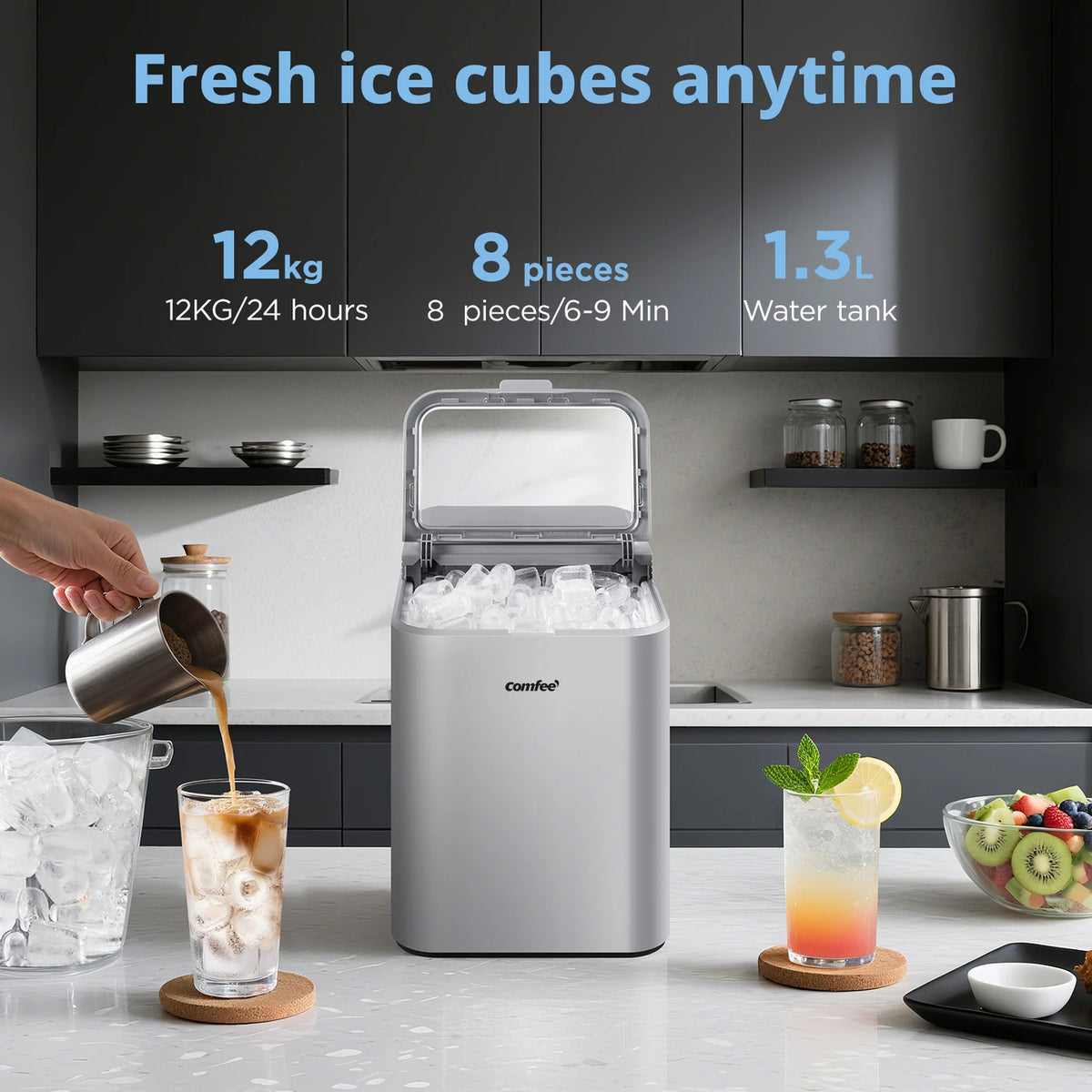Comfee' Eiswürfelmaschine Grau – 12 kg/24 Std. – Eis in 6 Minuten – Selbstreinigend
