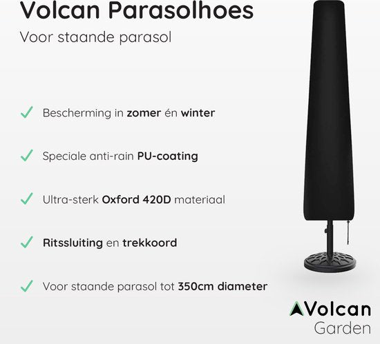 Volcan Sonnenschirmhülle für Stehschirm - Wasserdicht - Oxford 420D - Mit Reißverschluss, Kordelzug, Stock und Aufbewahrungshülle - Schwarz