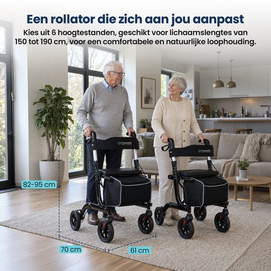 TrueSafe Rollator, leicht und zusammenklappbar (6,9 kg) – Für drinnen und draußen – Inkl. ergonomischem Sitzkissen, Beleuchtung, Rückenlehne, Gehstockhalter und mehr – Schwarz