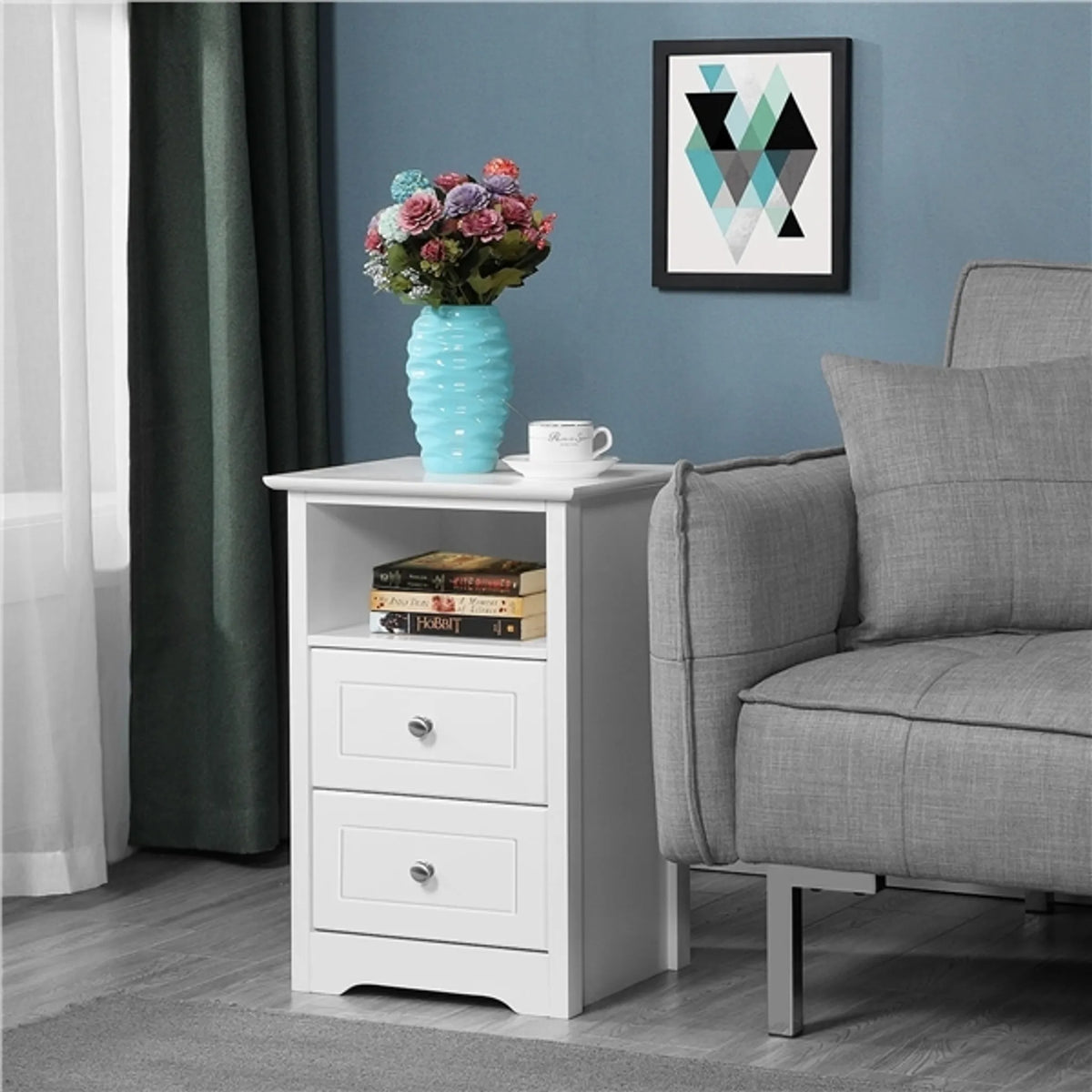Yaheetech Nachttisch mit 2 Schubladen - 40 x 35 x 60 cm - Mit offener Lagerung und minimalistischem Design und glatten Führungen - Für Schlafzimmer und Wohnzimmer - Weiß E1 MDF