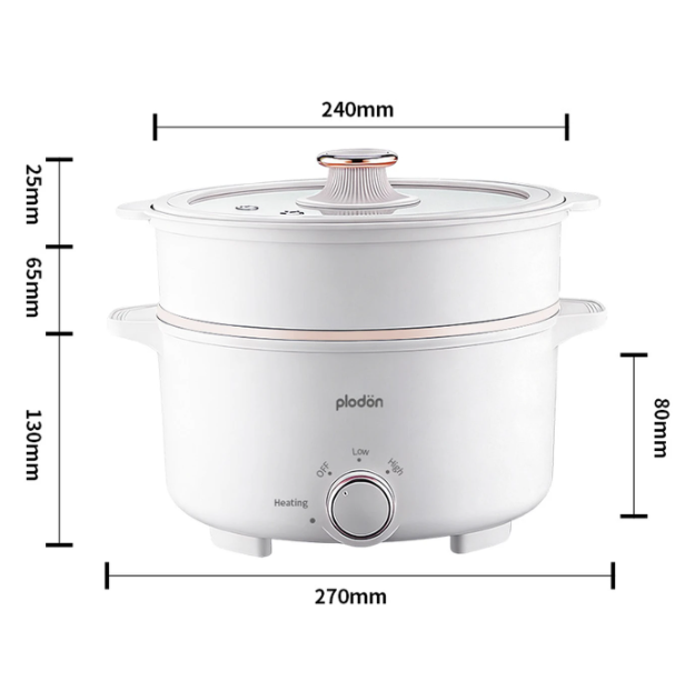 Plodon Elektrischer Hotpot 2,4 l – Antihaftbeschichtung – 27 x 22 cm – Mit Dampfkorb