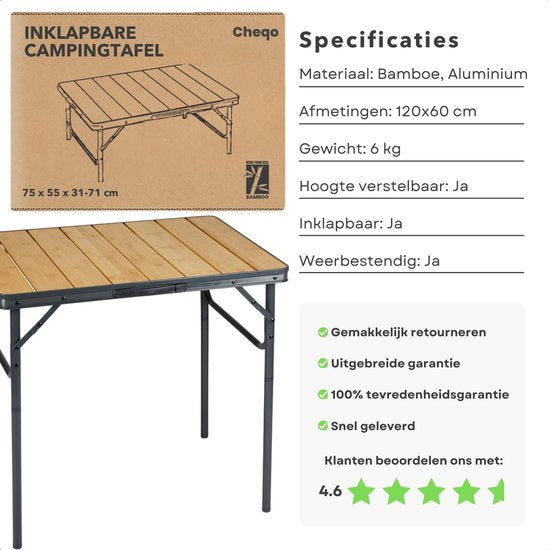 Cheqo® Klappbarer Bambus-Campingtisch – Zusammenklappbarer Campingtisch – Balkontisch – Gartentisch – Leicht und zusammenklappbar – Aluminiumgestell