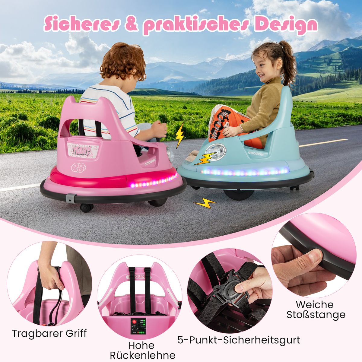 Coast Elektrisches Autoscooter-Auto für Kinder – 12 V mit Fernbedienung und zwei Joysticks – rosa