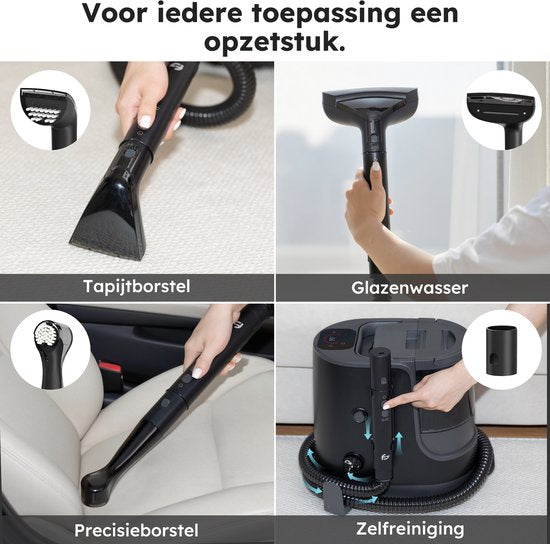 Fleckenreiniger - 7-teiliges Set - Teppichreiniger mit Dampffunktion - Inkl. Fleckenentferner - Dampfreiniger - bis zu 100°C - Schwarz - von Saaf